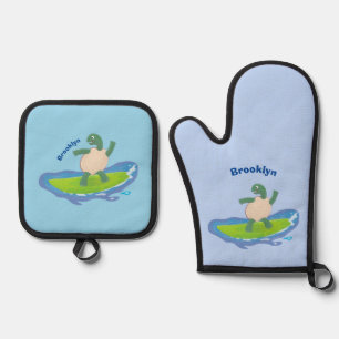 Funny tortoise wave surfing cartoon oven mitt & pot holder set