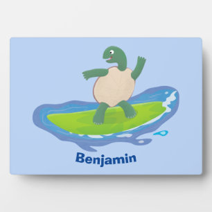 Funny tortoise wave surfing cartoon plaque