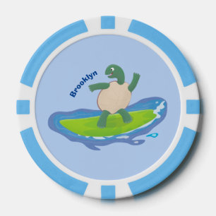 Funny tortoise wave surfing cartoon poker chips