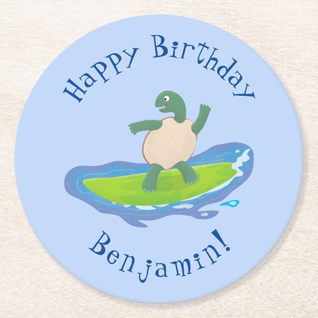Funny tortoise wave surfing cartoon round paper coaster (Front)