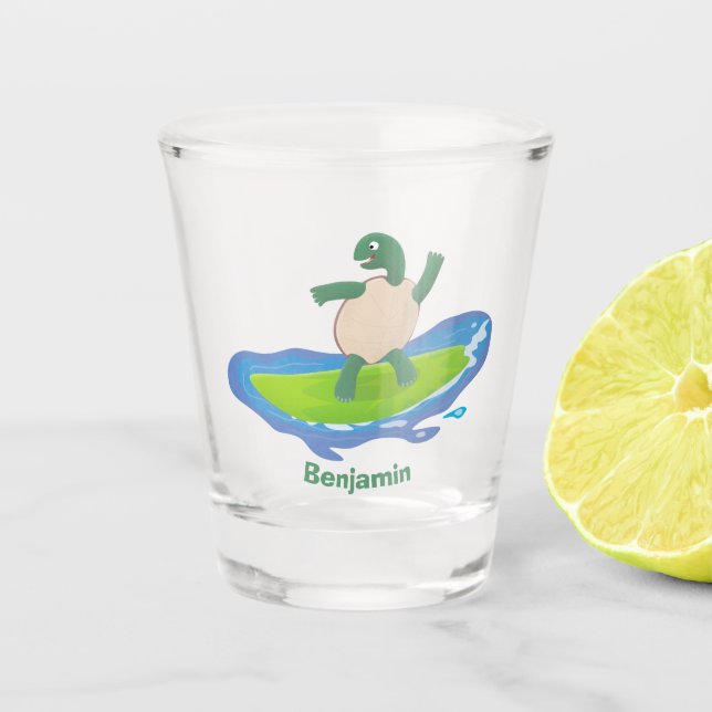 Funny tortoise wave surfing cartoon shot glass (Front)