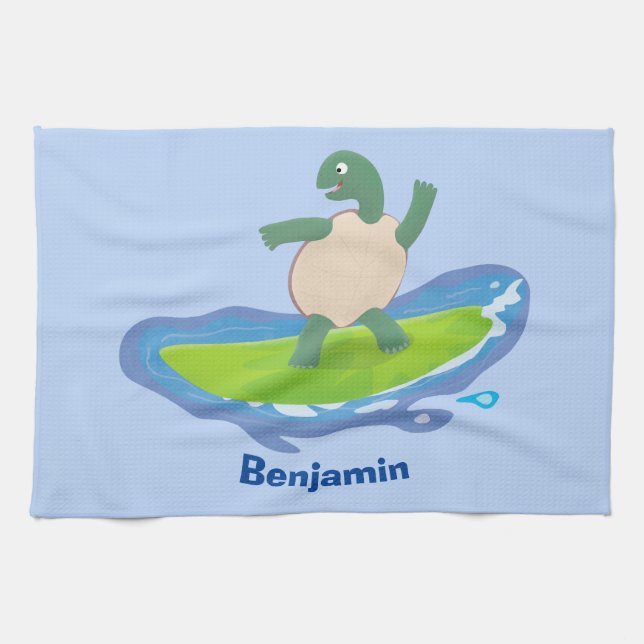 Funny tortoise wave surfing cartoon  tea towel (Horizontal)