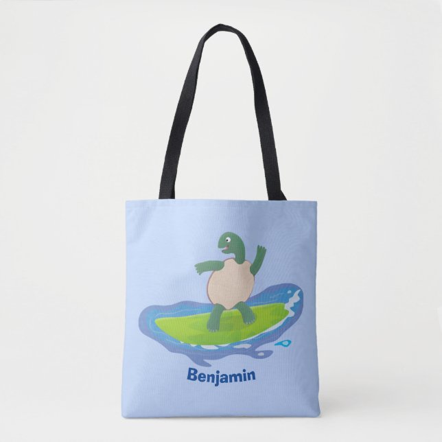 Funny tortoise wave surfing cartoon tote bag (Front)