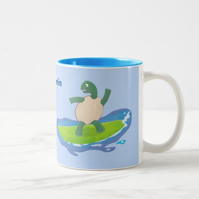 Funny tortoise wave surfing cartoon Two-Tone coffee mug (Right)