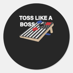 Funny Toss Like Boss Cornhole Competition US Flag Classic Round Sticker
