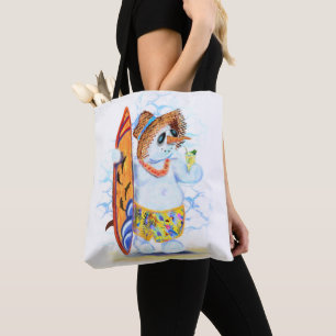 Funny Tote Bag with Snowman Surfer