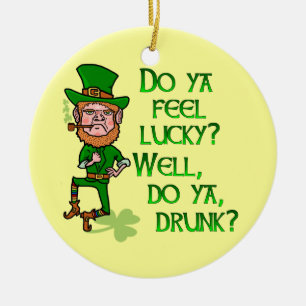 Funny Tough Lucky Drunk Leprechaun Ceramic Tree Decoration
