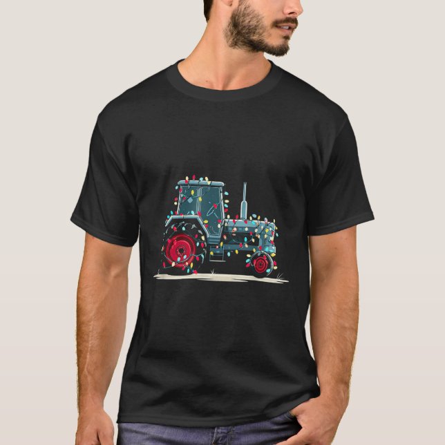Funny Tractor Christmas Graphics Lights Lover Farm T-Shirt (Front)