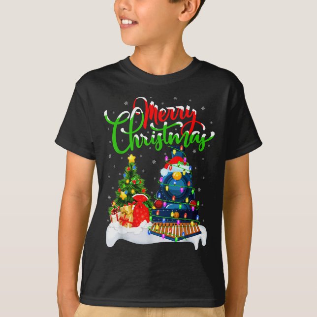 Funny Train Lover Xmas Lighting Santa Train Christ T-Shirt (Front)