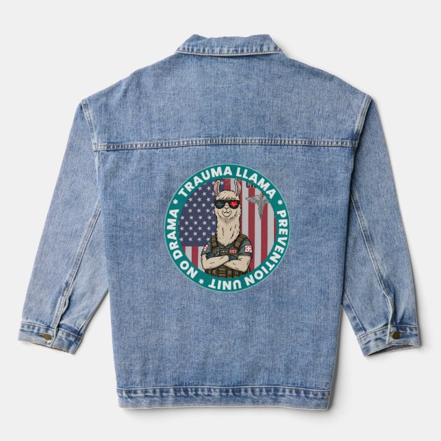 Funny Trauma Llama Prevention Unit Medical  Tri-Bl Denim Jacket (Back)