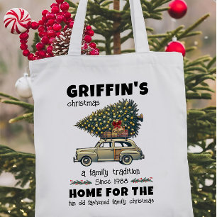 Funny Tree on Car Family Name Christmas Tote Bag