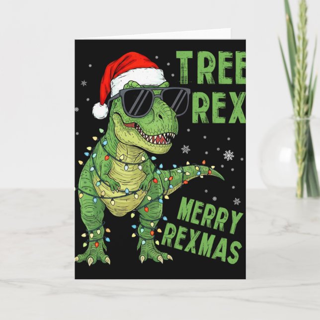 Funny Tree Rex Christmas Dinosaur Santa Hat Lights Card (Front)