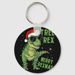 Funny Tree Rex Christmas Dinosaur Santa Hat Lights Key Ring