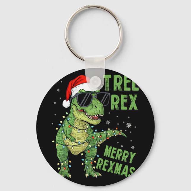 Funny Tree Rex Christmas Dinosaur Santa Hat Lights Key Ring (Front)