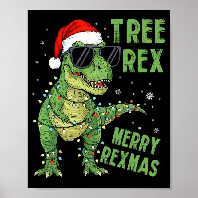 Funny Tree Rex Christmas Dinosaur Santa Hat Lights Poster (Front)