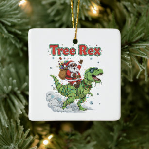 Funny Tree Rex Santa Riding T-Rex Dinosaur Christ Ceramic Ornament