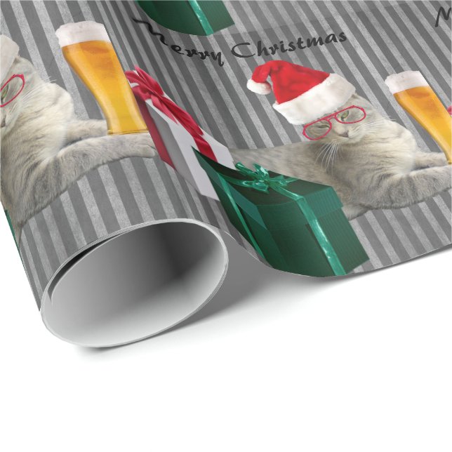 Funny trendy Christmas Santa cat with beer Wrapping Paper (Roll Corner)