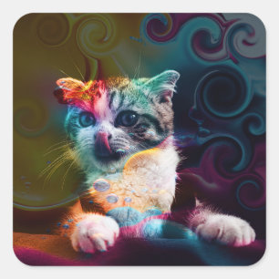 FUNNY TRENDY COLORFUL CAT ART SQUARE STICKER
