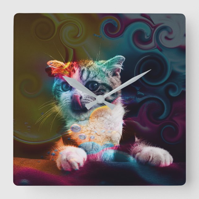 FUNNY TRENDY COLORFUL CAT ART SQUARE WALL CLOCK (Front)