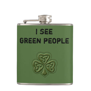 Funny trendy green Irish lucky shamrock joke Hip Flask