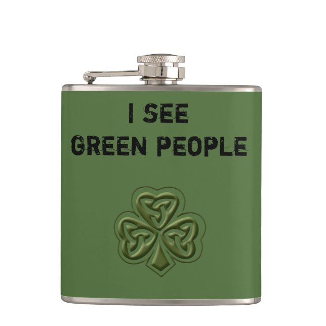 Funny trendy green Irish lucky shamrock joke Hip Flask (Front)