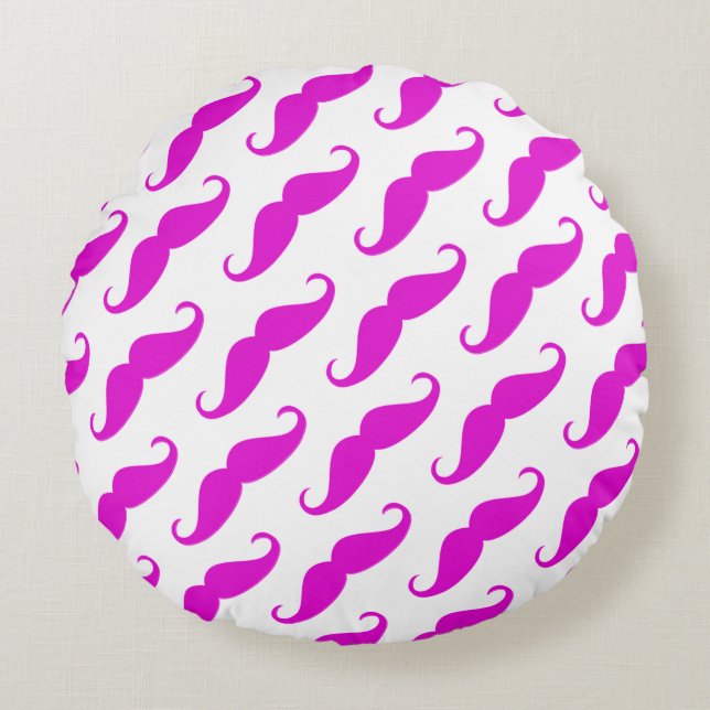 Funny trendy pink neon moustache pattern round cushion (Front)
