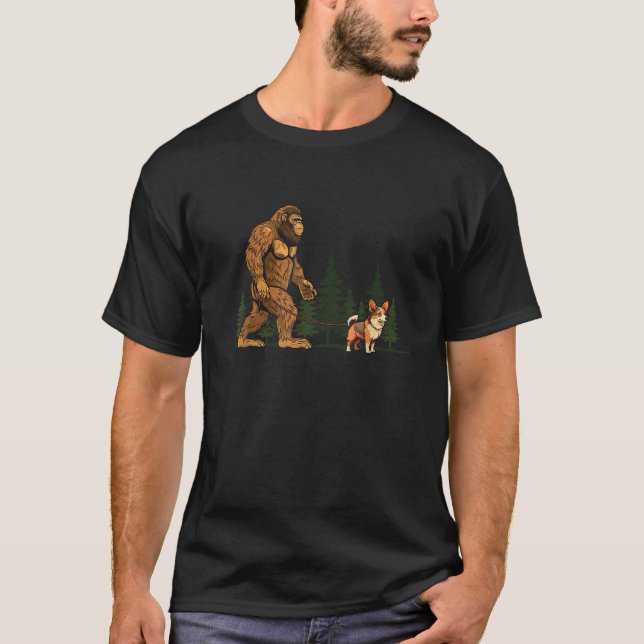 Funny Tri Colour Corgi Bigfoot Dog Walking Dog Mum T-Shirt (Front)