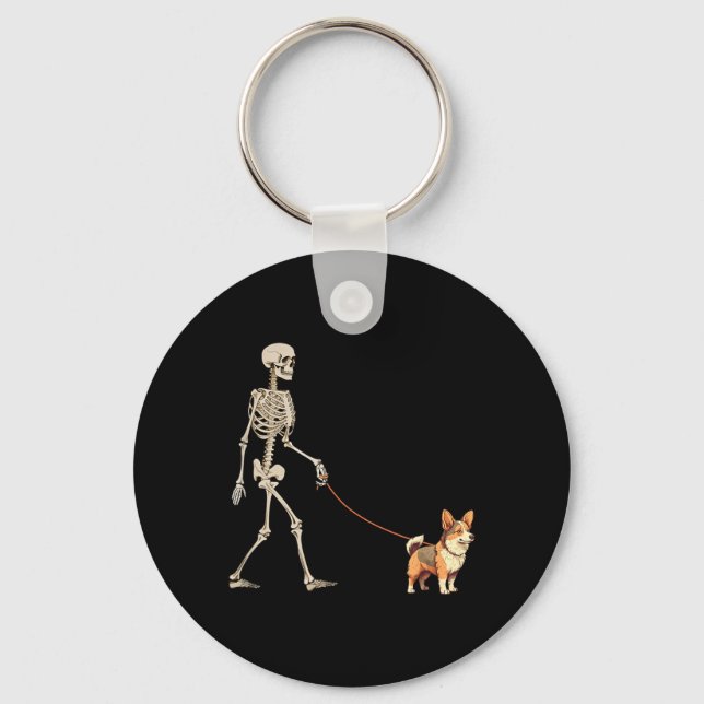 Funny Tri Colour Corgi Skeleton Dog Walking Key Ring (Front)