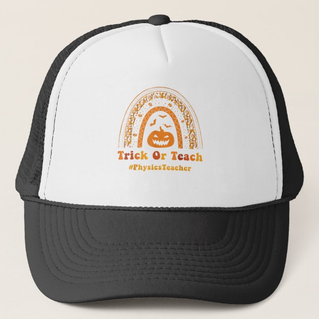 Funny Trick Or Teach Rainbow Halloween Physics Tea Trucker Hat (Front)