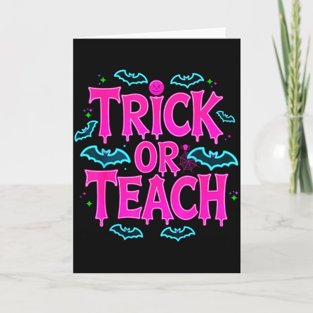 Funny Trick Or Teach Women Teacher Halloween Retro Card (Front)