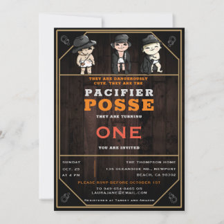 Funny Triplets Pacifier Posse Wild West Birthday Invitation