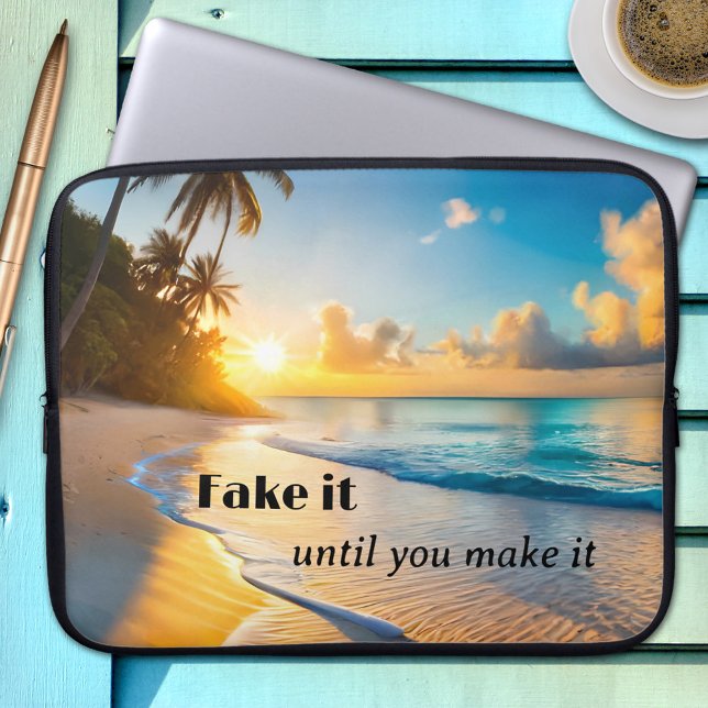 Funny Tropical Beach Sunset Laptop Sleeve (Laptop sleeve featuring a painting of a sunset at a tropical beach with palm trees - funny texts)