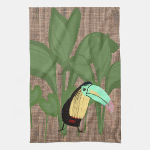 Funny Tropical Bird Banana Foliage Tea Towel