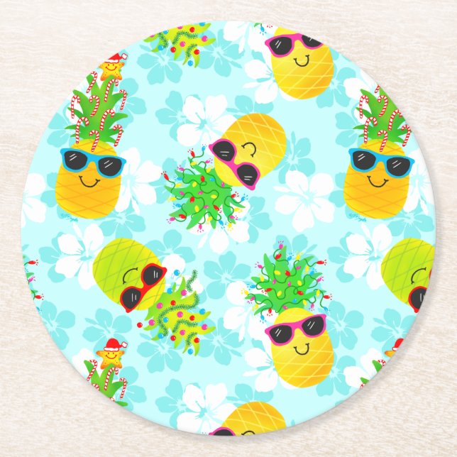 Funny Tropical Christmas Pineapples Round Paper Coaster (Front)