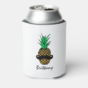 Funny Tropical Pineapple with Moustache Monogram Can Cooler