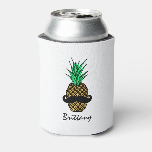 Funny Tropical Pineapple with Moustache Monogram Can Cooler (Can Back)