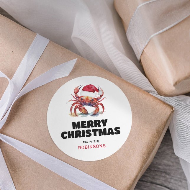 Funny Tropical Santa Crab Christmas Classic Round Sticker (Creator Uploaded)