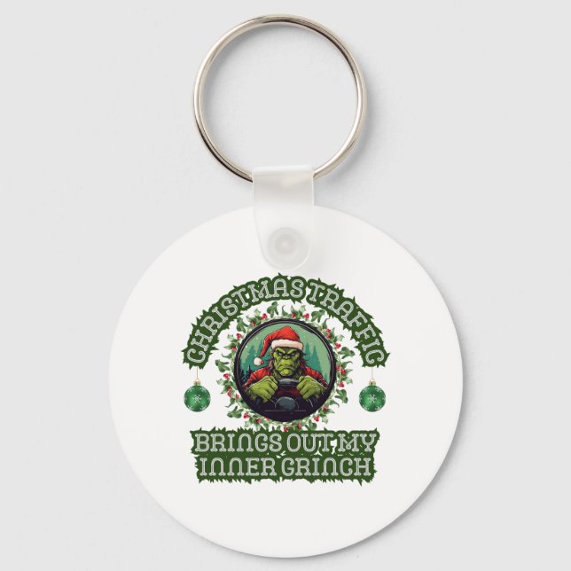 Funny Trucker Christmas Grinch Traffic Holiday Key Ring (Front)