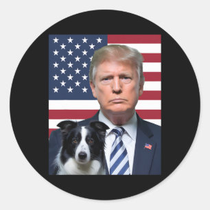 Funny Trump And Border Collie Dog Usa Flag Electio Classic Round Sticker