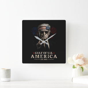 Funny Trump Gulf Of USA America 2025 4th Of July Square Wall Clock