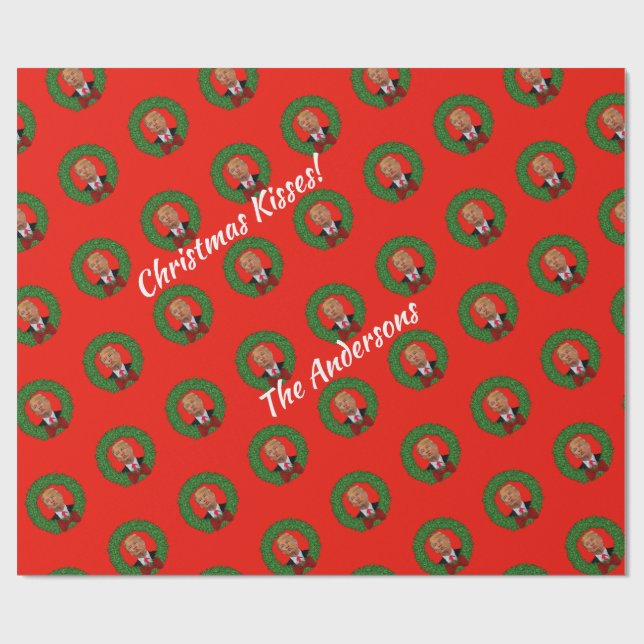 Funny Trump  Pucker and Green Wreath Christmas Wrapping Paper (Flat)