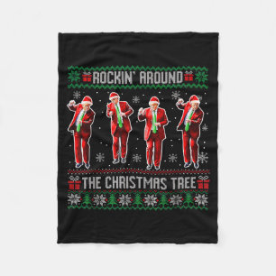 Funny Trump Rockin Around The Christmas Tree Ugly Fleece Blanket