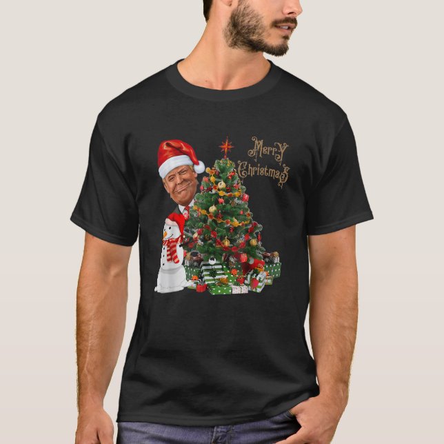 Funny Trump Wearing Santa Hat Merry Christmas T-Shirt (Front)