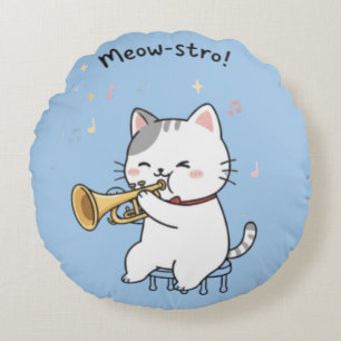 Funny Trumpet Cat – Cute Feline Jazz Round Cushion