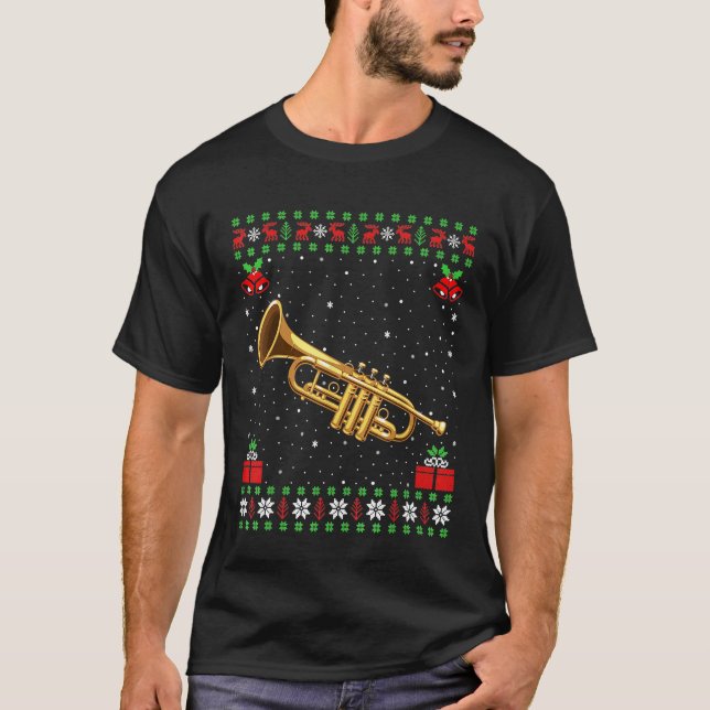 Funny Trumpet Music Lover Xmas Ugly Trumpet Christ T-Shirt (Front)