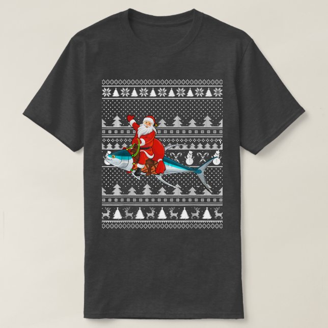 Funny Tuna Fish Lover Santa Riding Tuna Ugly Chris T-Shirt (Design Front)