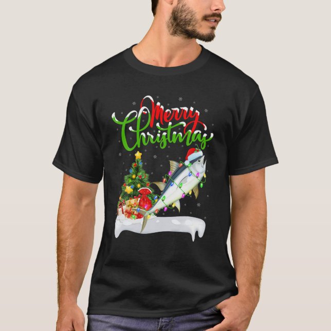Funny Tuna Fish Lover Xmas Lighting Tuna Christmas T-Shirt (Front)