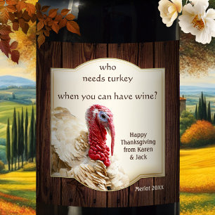 Funny Turkey Dark Wood Thanksgiving Wine Label