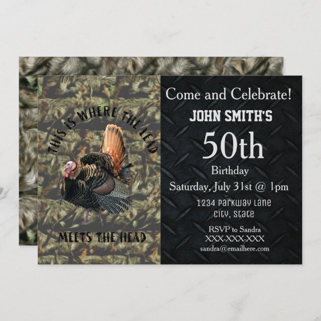 Funny Turkey Hunting Men's Camo Birthday Invitation (Front/Back)