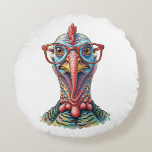 Funny Turkey in Glasses Cartoon Fun Round Cushion